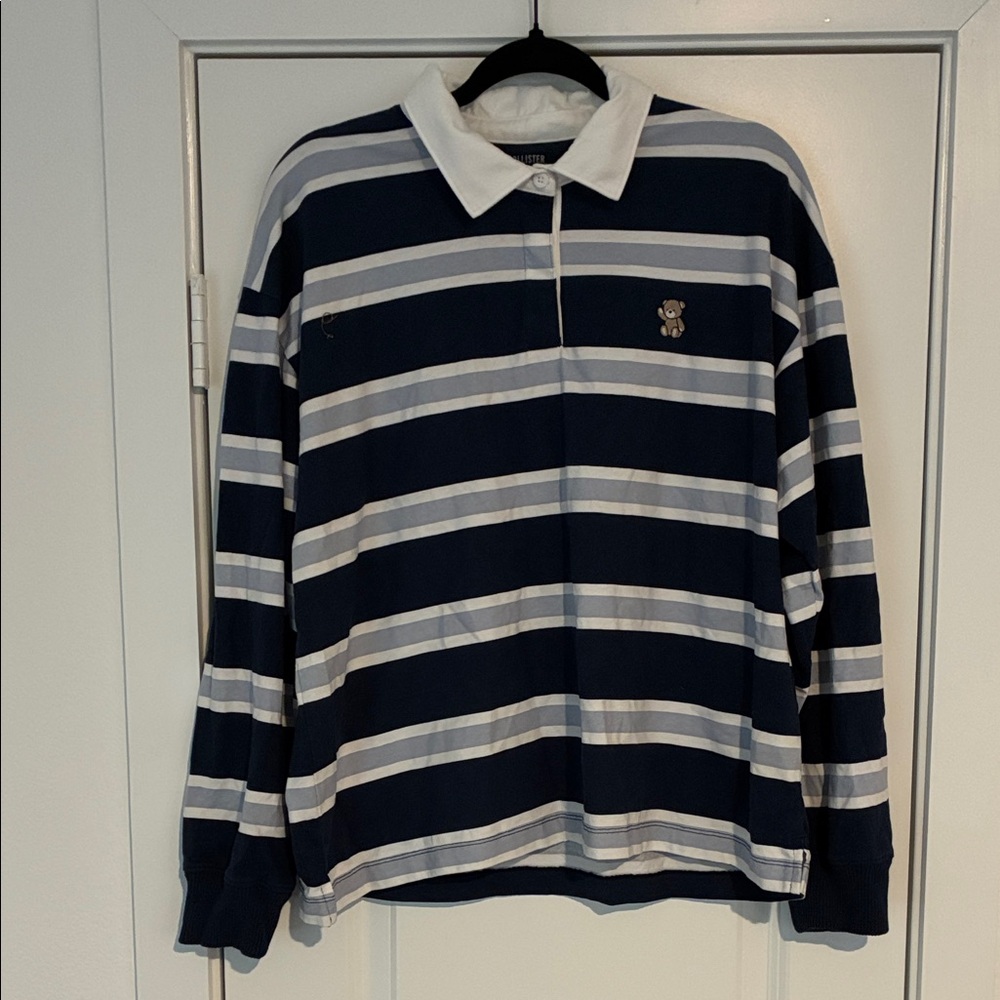 Hollister Striped Rugby Polo Shirt with Embroidered Bear Logo